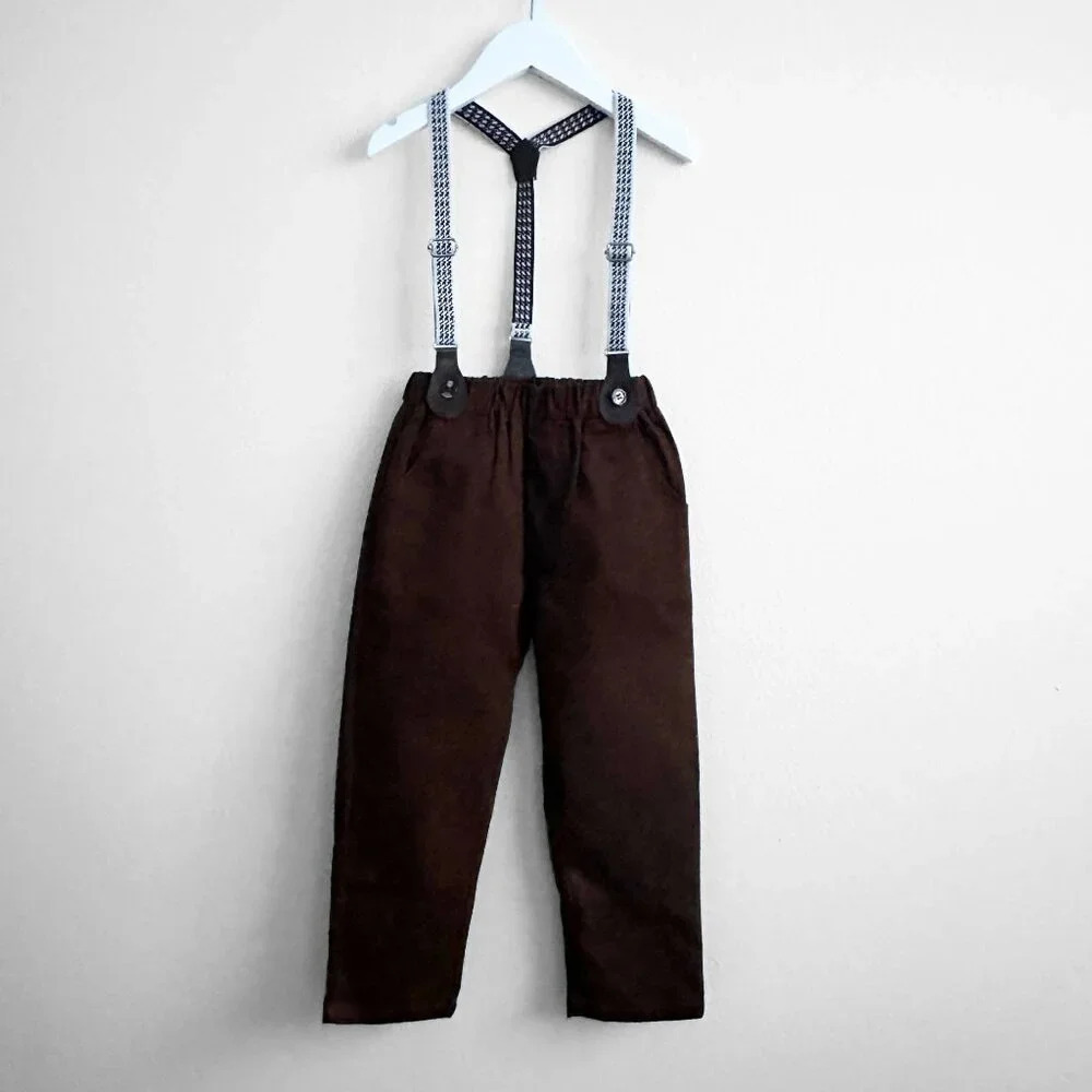 NWT Handsome Boys Dress Shirt Bow Tie Pants & Suspender Matching Set Brown 9-12M - Picture 4 of 6